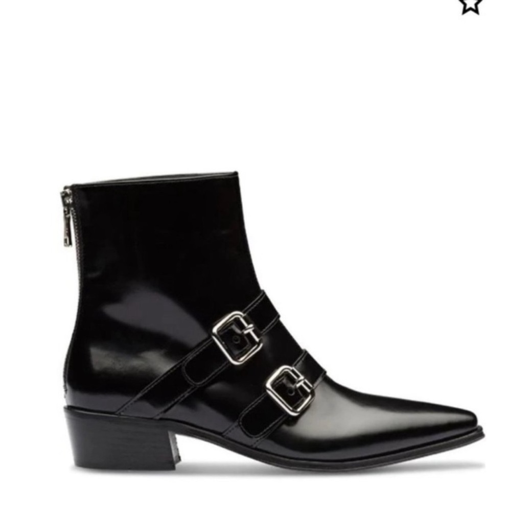 PRADA Buckle Ankle Pointed Square Toe Black Boots Size 37